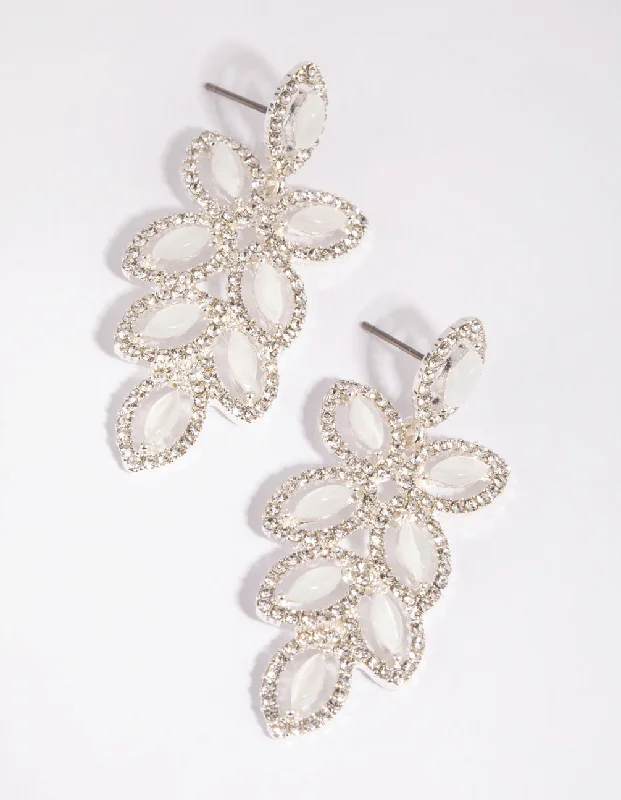 Women’s dangling earrings with gemstones-Silver Flower Cut Out Diamante Drop Earrings