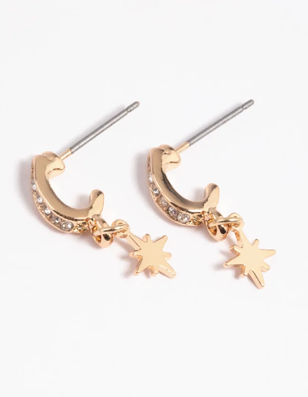 Simple silver drop earrings for women-Gold Diamante Star Huggie Hoop Earrings