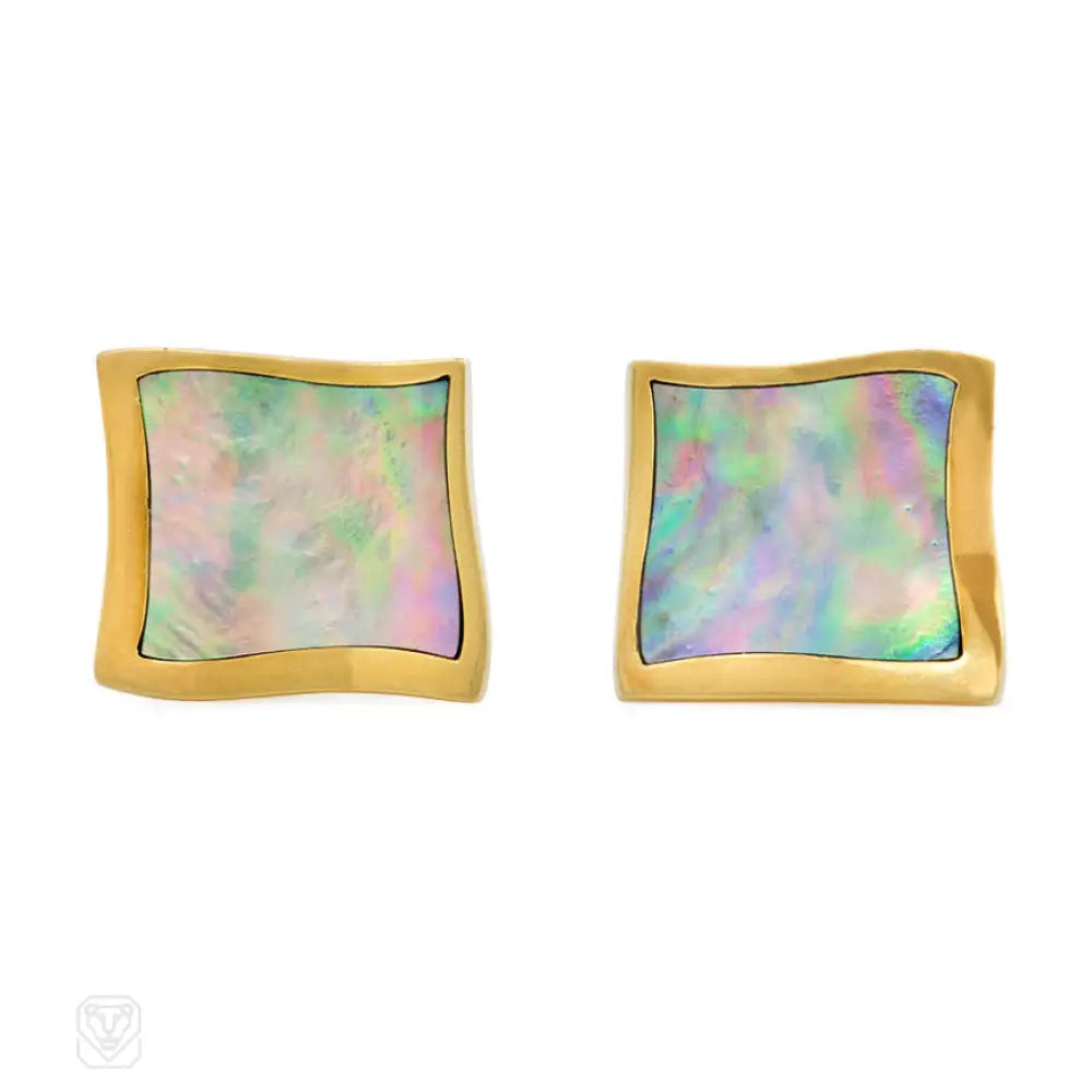 Women’s earrings with matching necklaces-Gold and abalone square form earrings, Angela Cummings