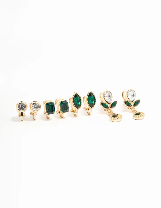 Women’s large statement earrings-Emerald Diamante Mixed Shape Clip On Earrings 4-Pack