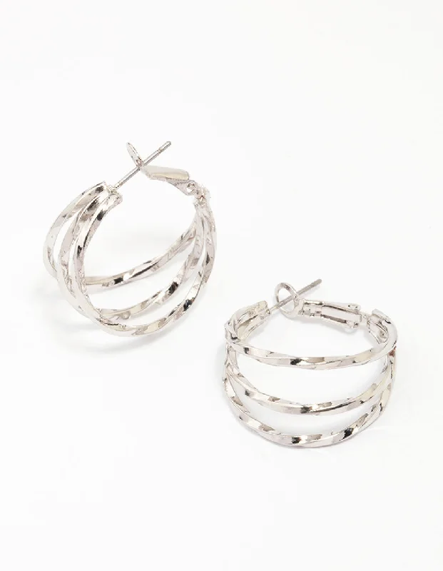 Vintage earrings with intricate designs-Silver Triple Row Smooth Hoop Earrings