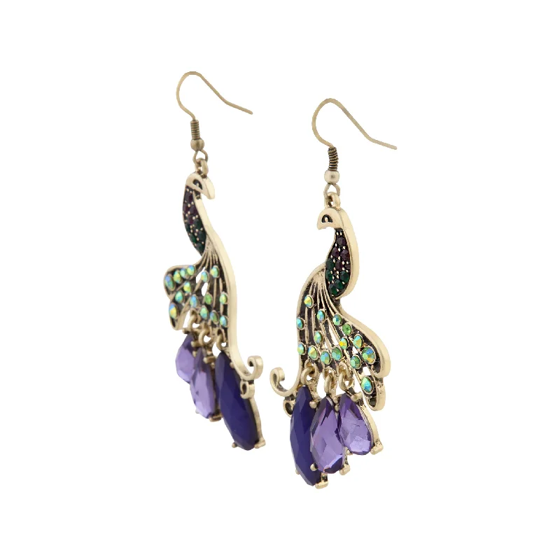 Beautiful heart earrings for women-Jewelled Peacock Earrings In Burnished Gold