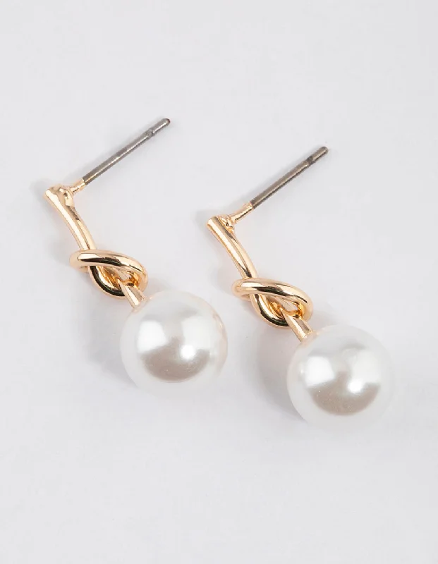 Luxury pearl earrings for women-Gold Small Pearly Knotted Drop Earrings