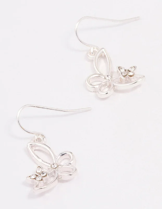 Beautiful drop earrings with blue stones-Silver Diamante Cut Butterfly Drop Earrings