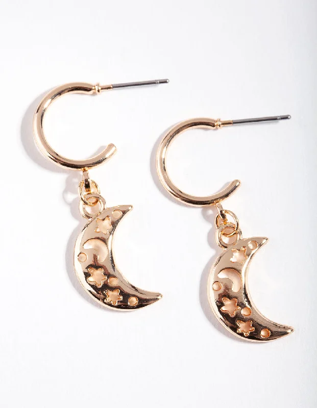 Women’s earrings with large gemstone pendants-Gold Cut Out Moon Hoop Earrings