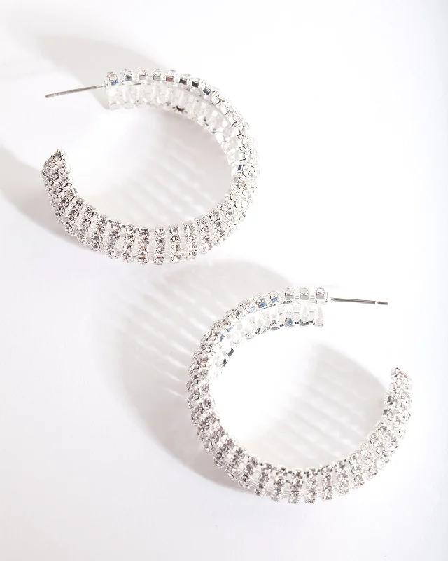 Affordable gold-plated earrings for women-Silver Thick Diamante Hoop Earrings