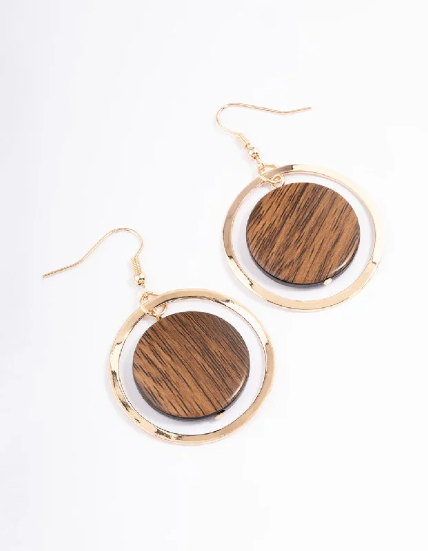 Stunning sterling silver earrings for women-Brown Round Wood Drop Earrings