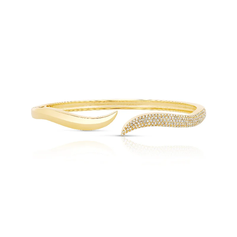 Beautiful pearl bangles for women-Half Pave Half Solid Gold Wave Cuff Bangle