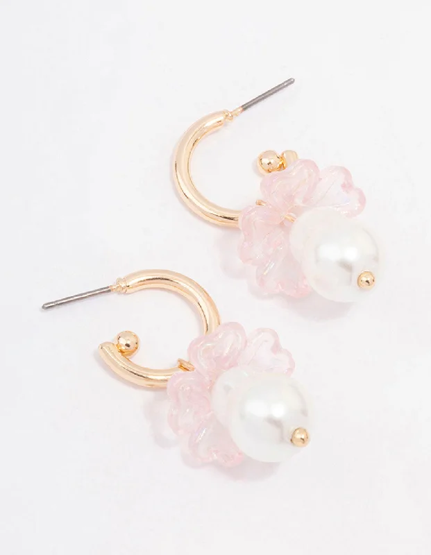 Beautiful pearl earrings for women-Gold Mushroom Pearl Drop Huggie Earrings