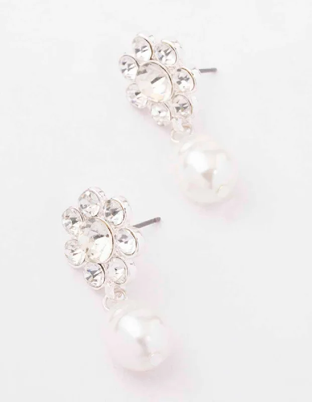 Beautiful diamond drop earrings for women-Silver Diamante Flower Pearl Drop Earrings