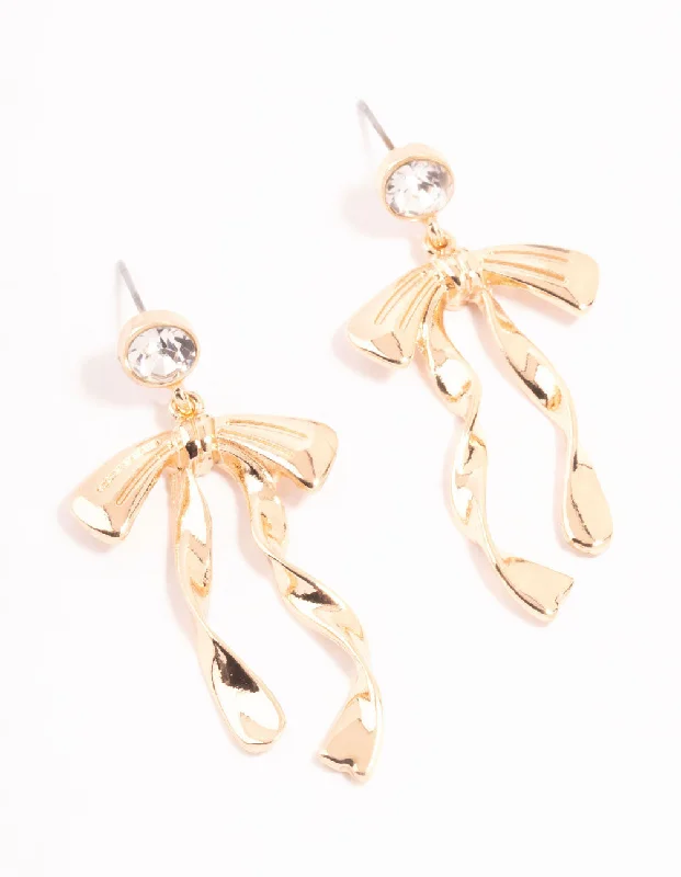 Fashionable earrings with turquoise stones-Gold Diamante Long Bow Drop Earrings