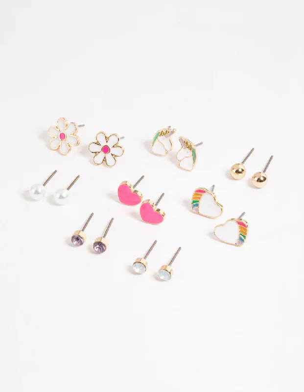 Beautiful silver earrings with diamond accents-Gold Cute Unicorn Earrings 8-Pack