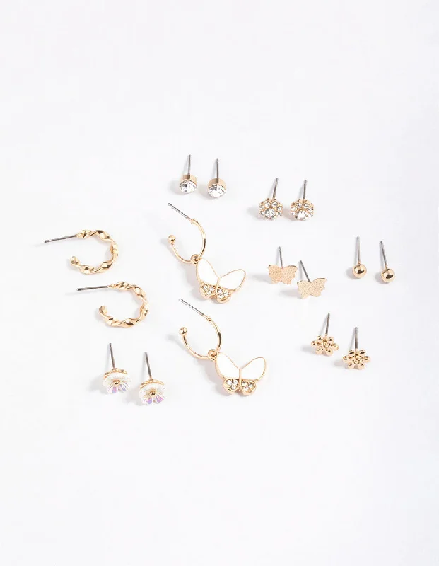 Beautiful gold earrings with diamonds-Gold Diamante Butterfly Garden Earrings 8-Pack