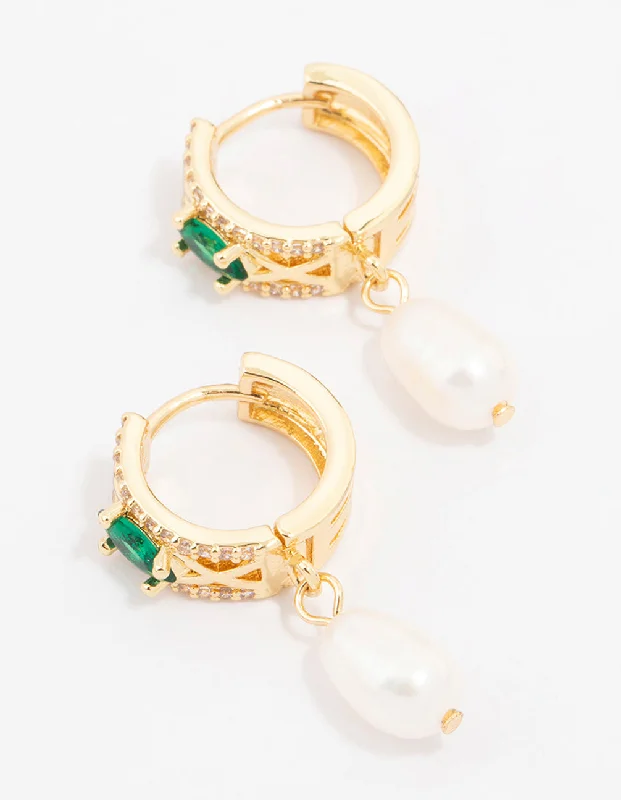 Unique statement earrings for women-Gold Plated Cubic Zirconia Emerald Marquise & Freshwater Pearl Huggie Earrings