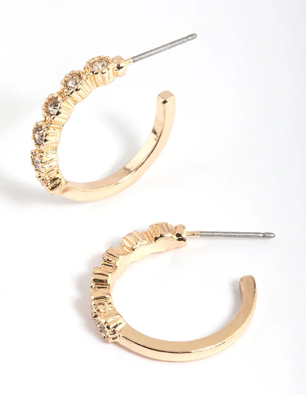 Unique statement earrings for women-Gold Diamante Huggie Hoop Earrings