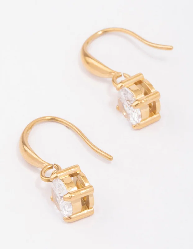 Luxury chandelier earrings for women-Waterproof Gold Plated Stainless Steel Cubic Zirconia Solitaire French Hook Earrings