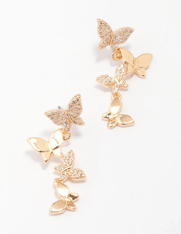 Vintage-style earrings for women-Gold Cubic Zirconia Butterfly Drop Earrings