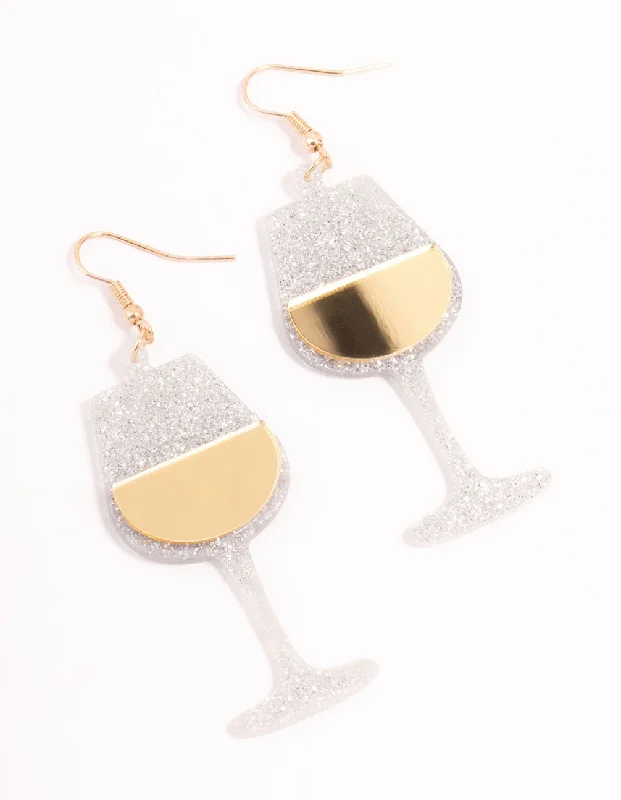 Simple silver earrings for women-Glitter Wine Glass Acrylic Drop Earrings