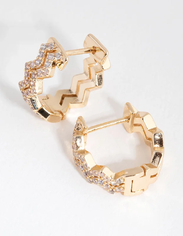 Elegant diamond stud earrings for women-Gold Diamante Zig Zag Huggie Earrings