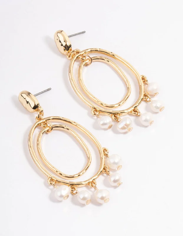 Luxury crystal earrings for women-Gold Plated Oval Drop Layered Freshwater Pearl Earrings