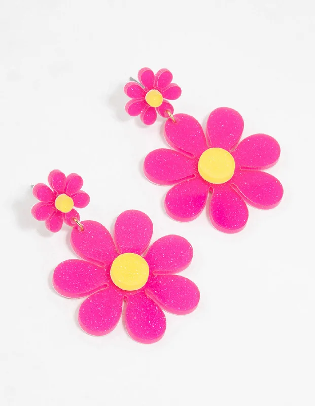 Simple silver earrings for women-Pink Acrylic Flower Drop Earrings