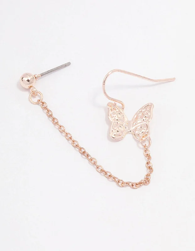 Unique earrings with opal stones-Rose Gold Butterfly Drop Chain Earrings