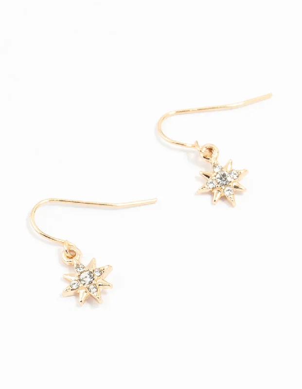 Women’s earrings with emerald green stones-Gold Diamante 8 Point Star Earrings