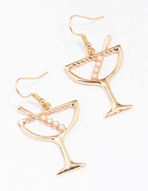 Chic earrings for women with crystal details-Gold Pearl Cocktail Drop Earrings