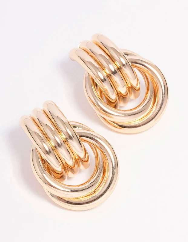 Simple silver earrings for women-Gold Triple Row Wrapped Knotted Drop Earrings