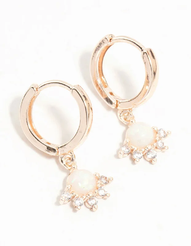 Simple yet chic earrings for women-Rose Gold Cubic Zirconia and Opal Drop Huggie Earrings