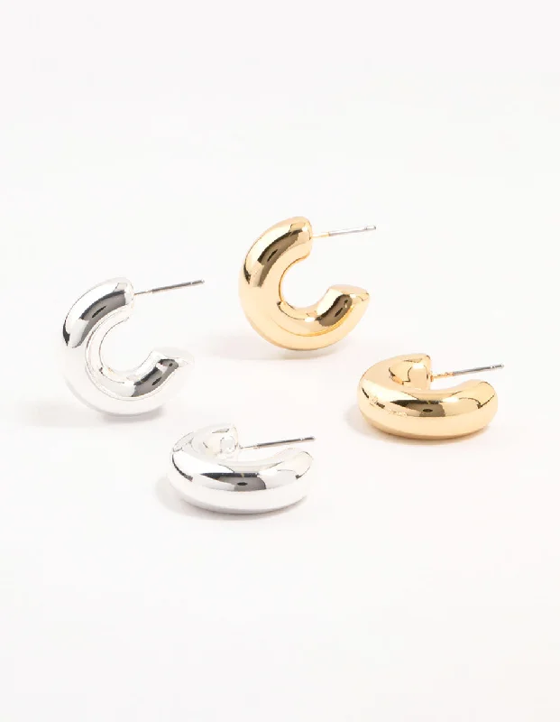 Elegant drop earrings with diamonds-Mixed Metals Chubby Hoop Earrings 2-Pack