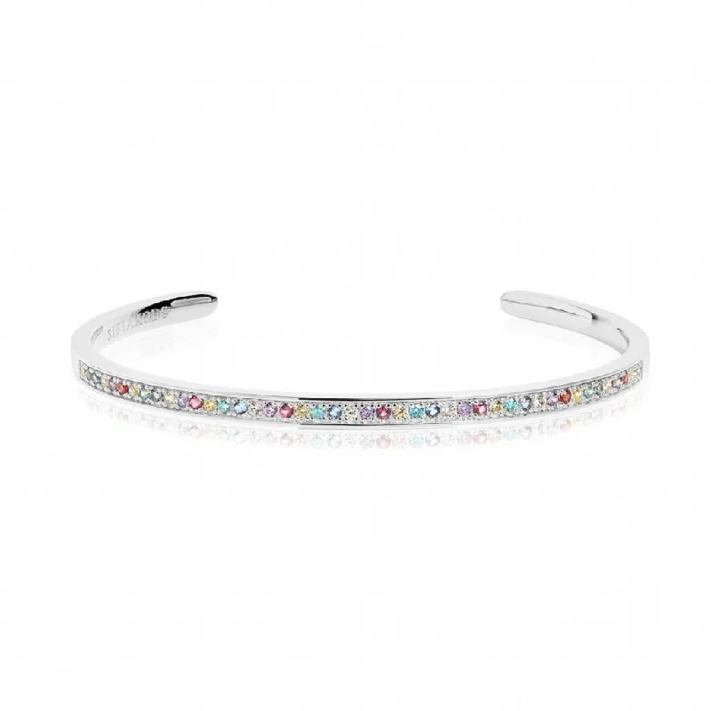 Trendy cuff bracelets for women-Valiano Silver Bangle w. Blue, White, Yellow, Purple & Pink Zirconias