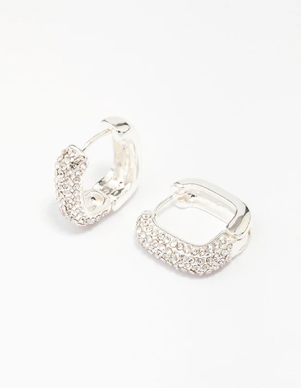 Classic gemstone earrings for women-Silver Plated Square Pave Hoop Earrings