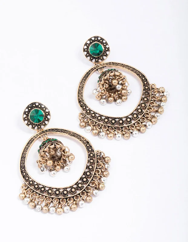 Beautiful heart earrings for women-Antique Gold Beaded Circle Drop Earrings