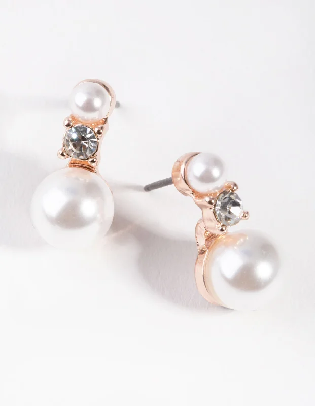 Beautiful diamond drop earrings for women-Rose Gold Dainty Double Pearl Earrings