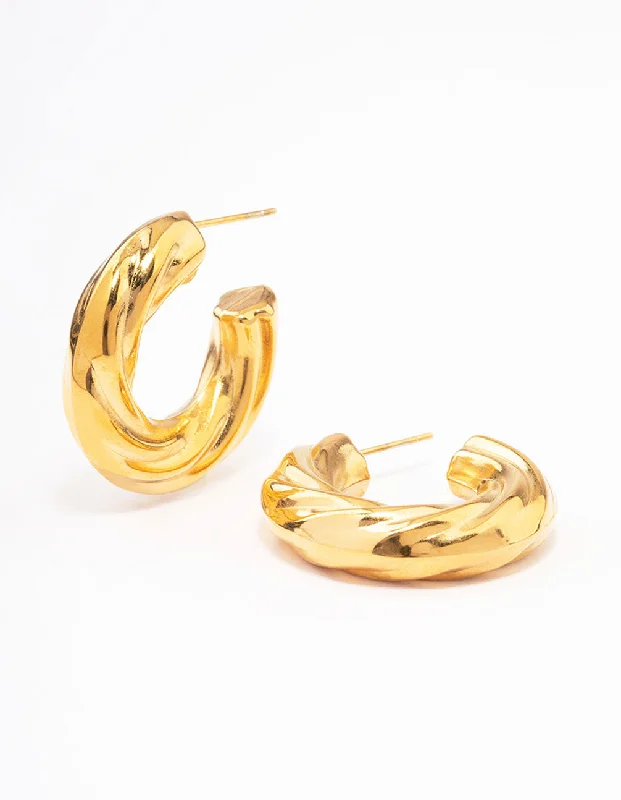 Classic pearl drop earrings for women-Waterproof Gold Plated Stainless Steel Chubby Twisted Hoop Earrings