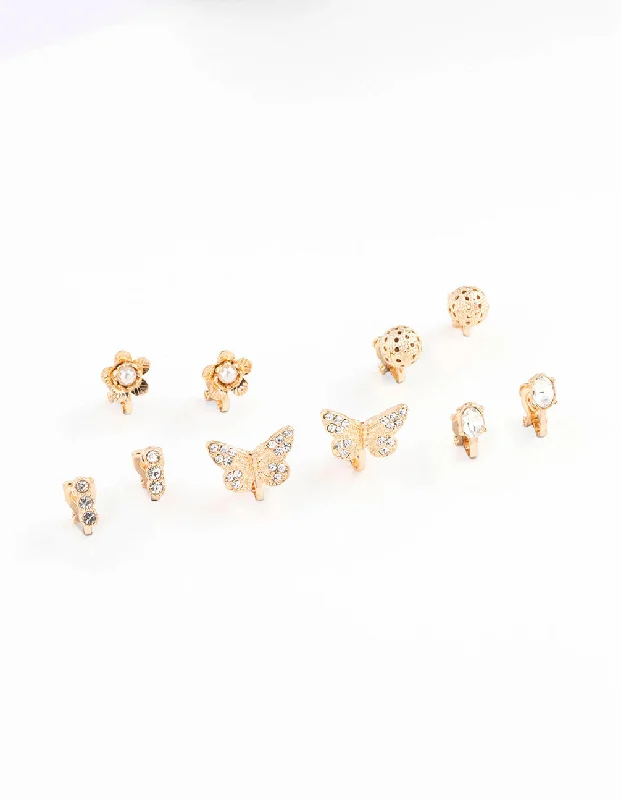 Trendy drop earrings for women-Gold Diamante Butterfly Diamante Clip On Earring 8-Pack