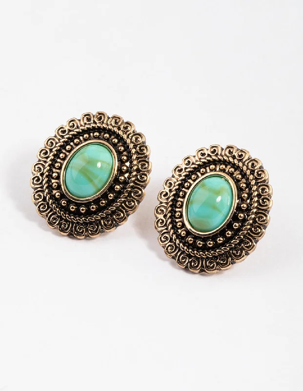 Stunning hoops for women with crystals-Turquoise Ornate Oval Stud Earrings