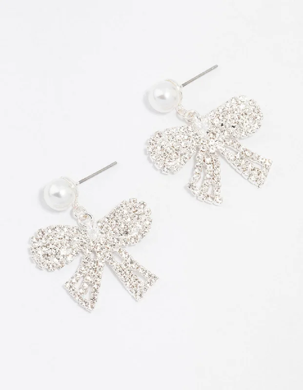 Beautiful gold earrings with diamonds-Silver Pearl Diamante Small Bow Drop Earrings