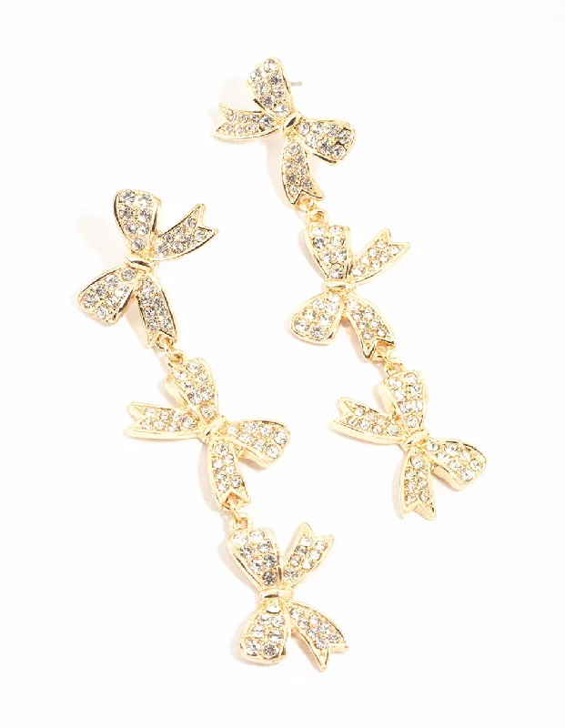 Trendy crystal earrings for women-Gold Diamante Bows Drop Earrings