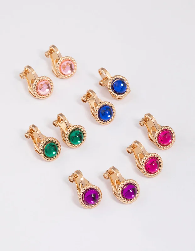 Women’s earrings with matching necklaces-Multi-Colored Encased Diamante Clip On Earrings 5-Pack