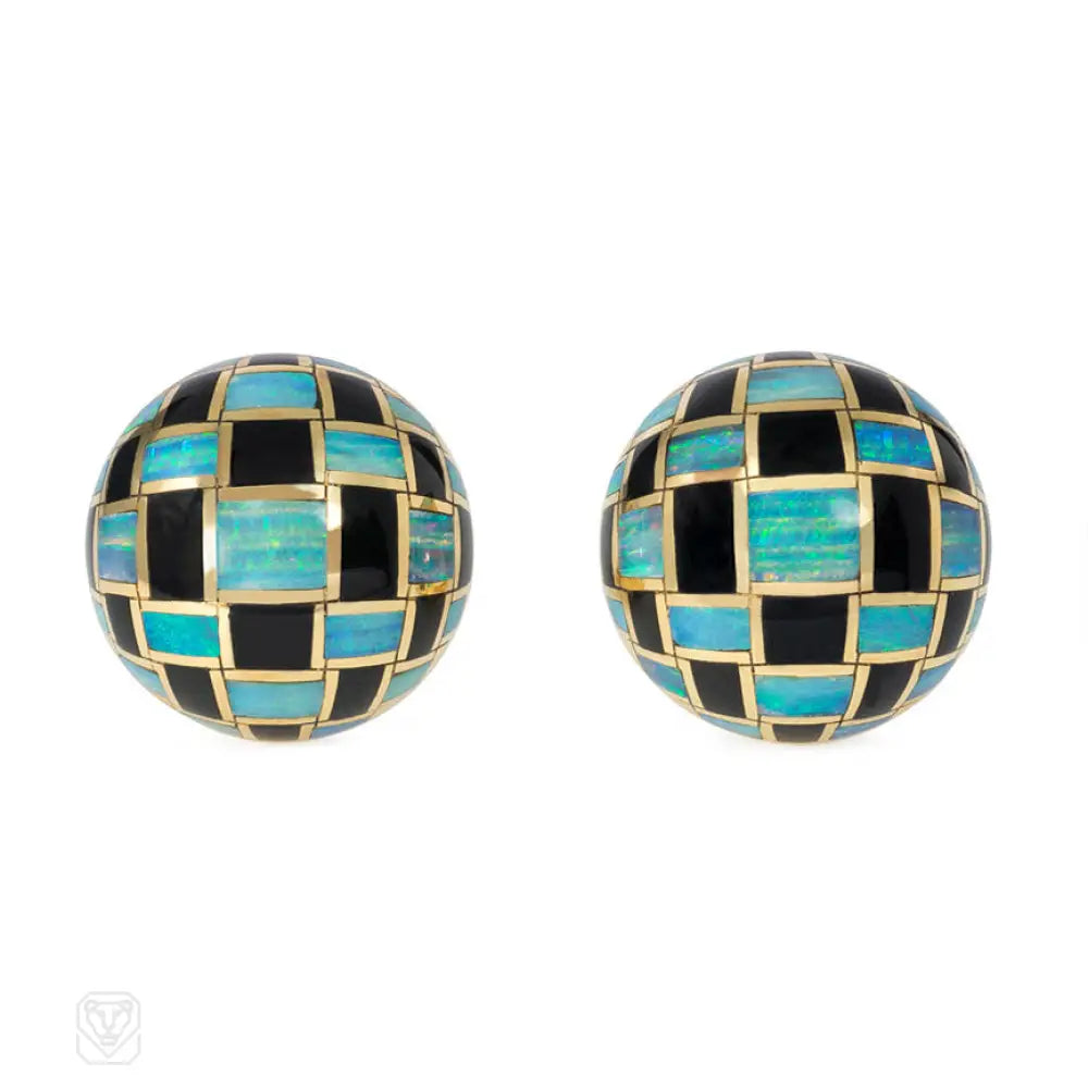 Fashionable earrings with intricate details-Gold, black jade, and opal earrings, Angela Cummings for Tiffany