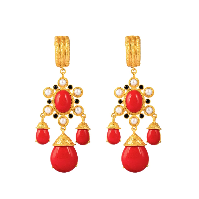 Stunning diamond earrings for women-Gypsy Earrings Red Coral, Black Onyx & Pearls