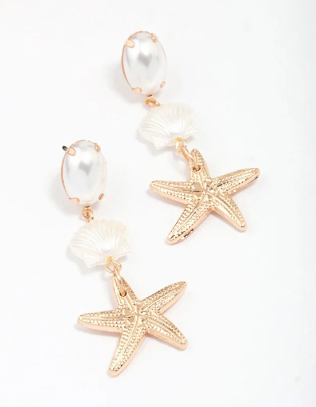 Personalized birthstone earrings for women-Gold Pearl Starfish Drop Earrings