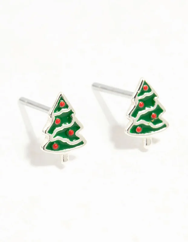 Women’s earrings with matching necklaces-Green Enamel Sterling Silver Christmas Tree Stud Earrings