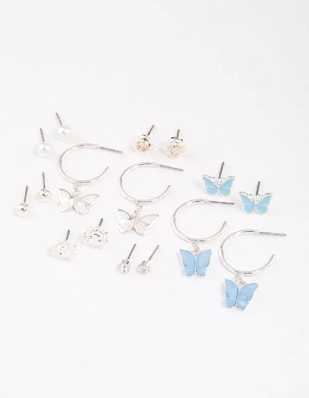 Stunning sapphire earrings for women-Silver Mixed Butterfly Garden Earrings 8-Pack