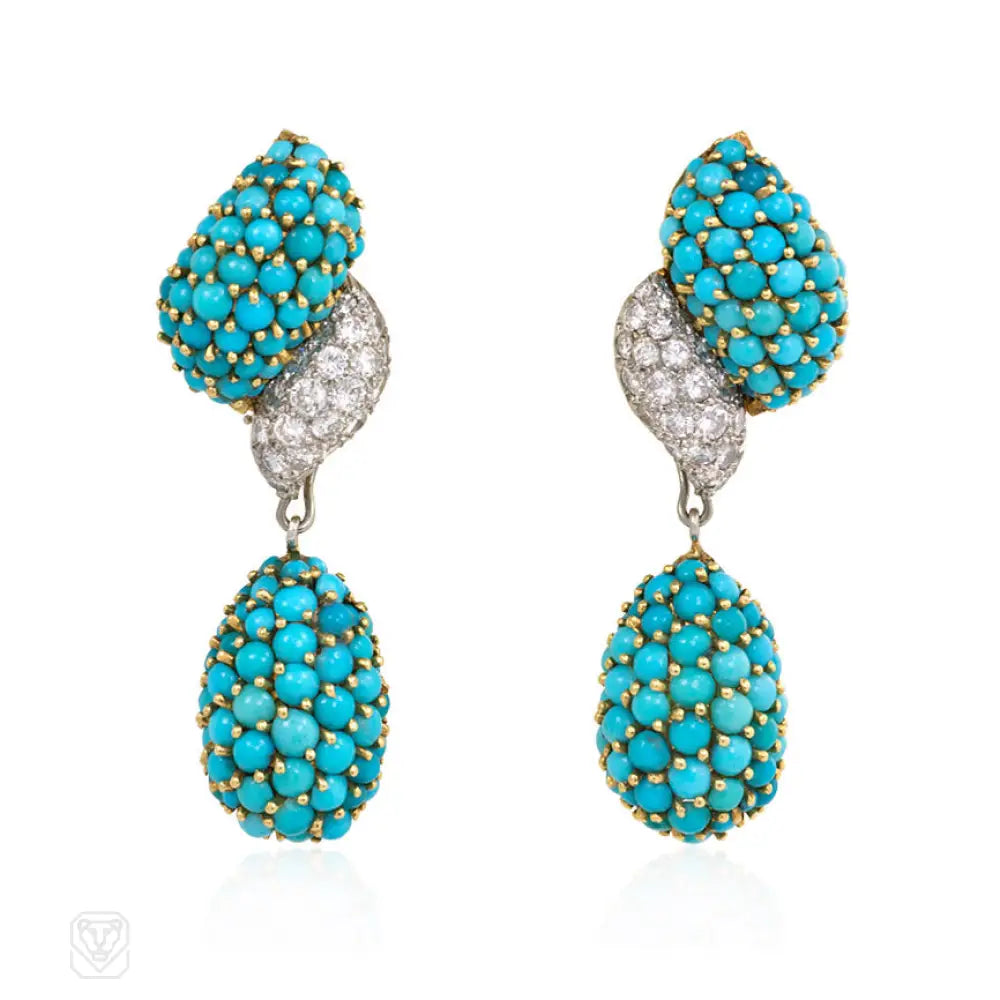 Simple pearl earrings for women-Pavé turquoise and diamond earrings.