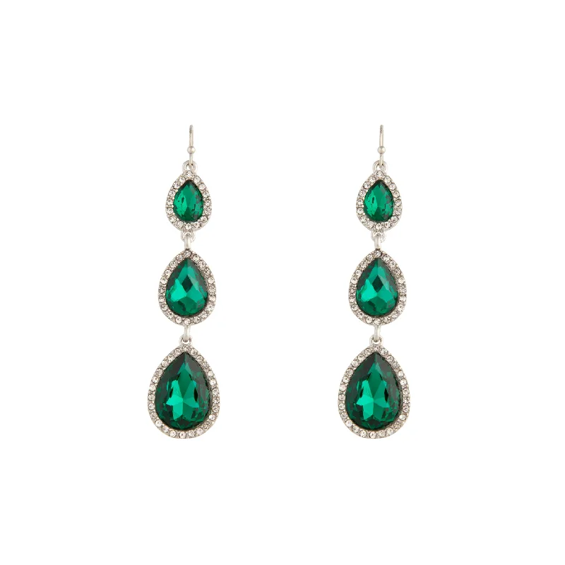 Trendy hoop earrings for ladies-Silver Green Graduated Teardrop Diamante Earrings