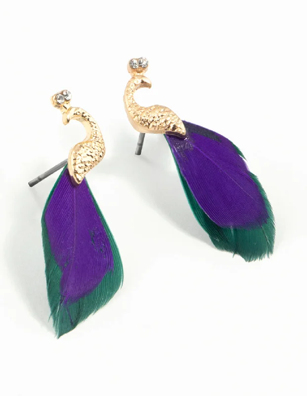 Trendy earrings with gold accents-Blue Green Feather Mini Peacock Earrings