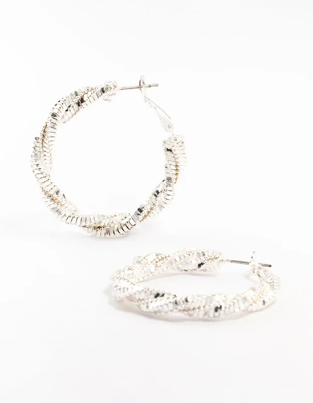 Chic drop earrings for women-Silver Cut Diamante Twisted Hoop Earrings